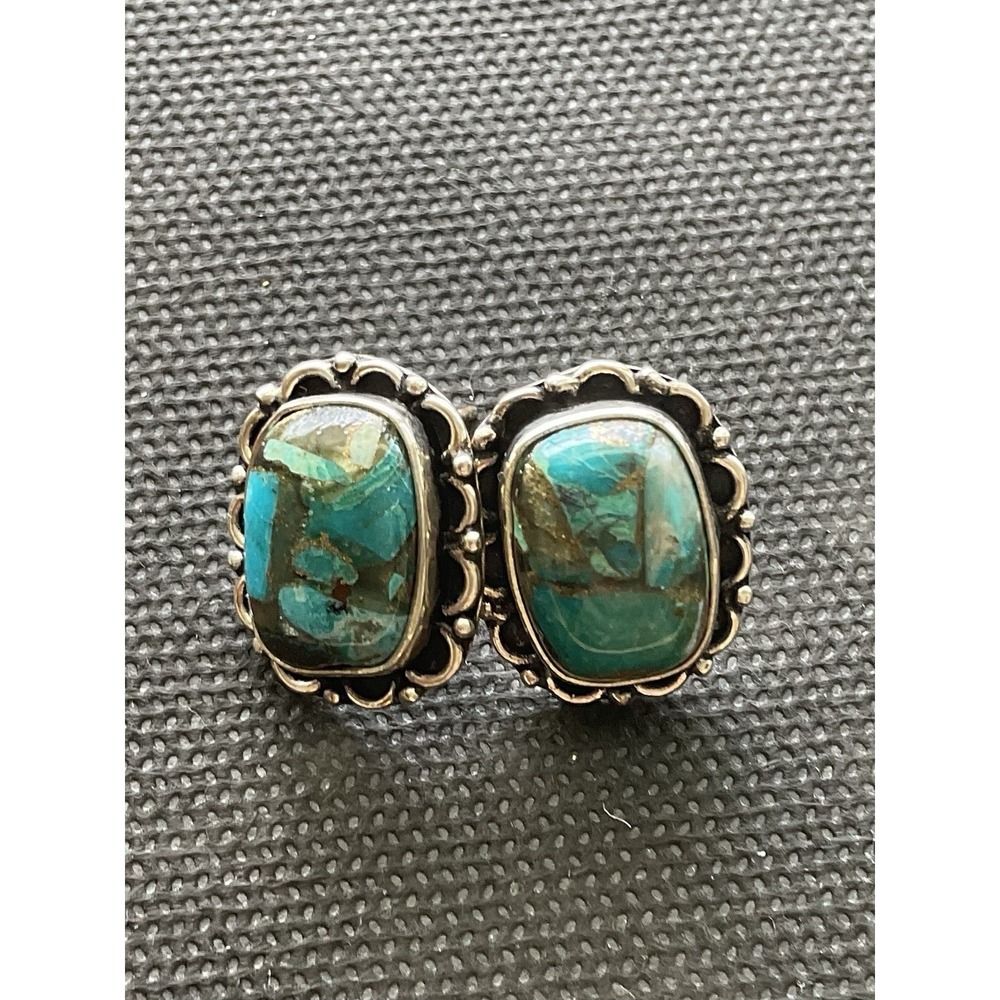 Navajo-style sterling silver turquoise earrings scalloped edge design Vintage